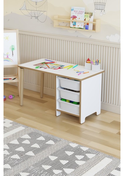 Çocuk Masası 90 x 45 cm 3 Sepetli Çocuk Çalışma Masası Aktivite Masası Yaz-Sil fiyatları