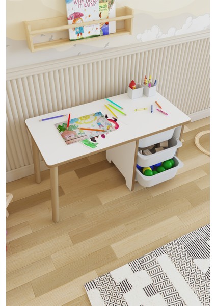 Çocuk Masası 90 x 45 cm 3 Sepetli Çocuk Çalışma Masası Aktivite Masası Yaz-Sil fırsatları