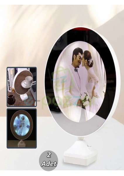 2 Adet 2in1 LED Işıklı Yuvarlak Fotoğraf Çerçeveli Sihirli Makyaj Aynası Başucu Abajur Aydınlatma