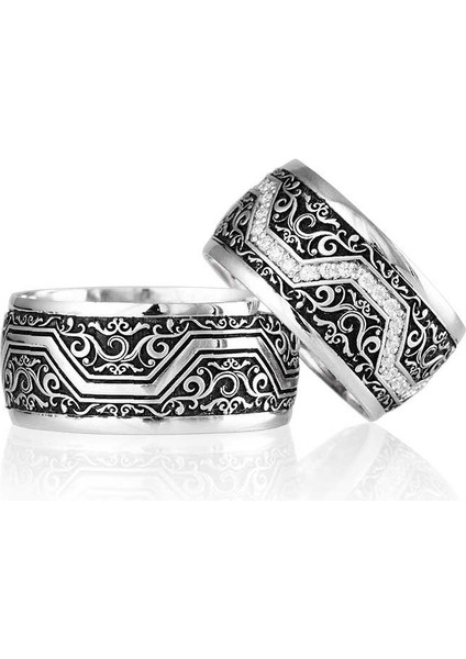 Sanat Modeli Siyah Taşlı Bay Gümüş Alyans