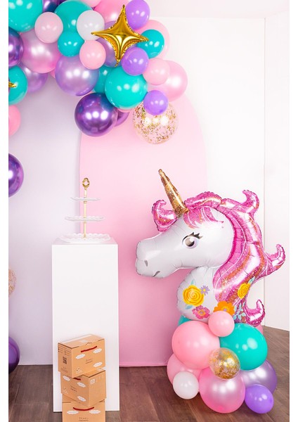 Pembe Unicorn Çiçekli Büyük Folyo Balon 42INÇ Doğum Günü Balonu