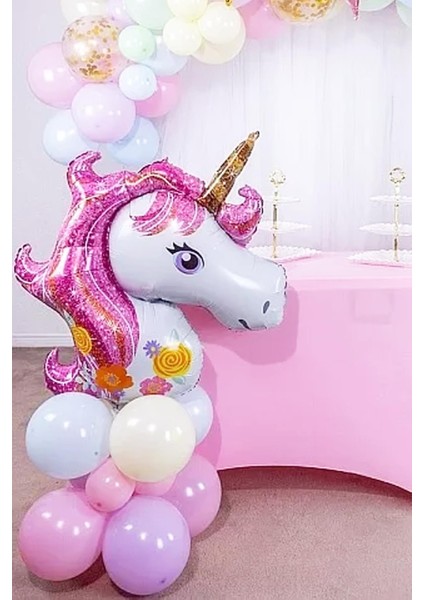 Pembe Unicorn Çiçekli Büyük Folyo Balon 42INÇ Doğum Günü Balonu