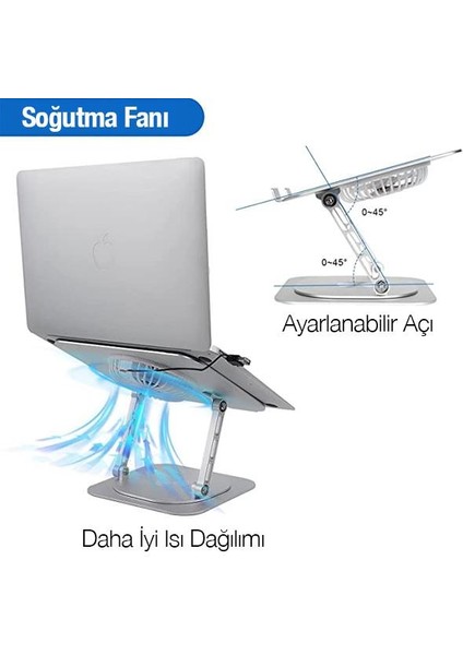 Polham 11-17 Inch Yükseklik Ayarlamalı, Soğutuculu Tablet ve Laptop Standı, 360 Derece Dönebilen