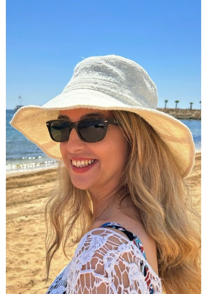 Natural Ecru Jute Bucket Hat Doğal Ekru Jüt Bucket Yazlık Kadın Plaj Şapkası