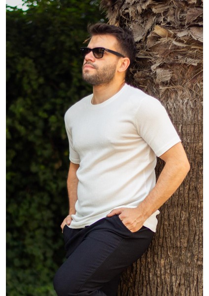 Erkek Beyaz Krep Kumaş Rahat Salaş Esnek Bisiklet Yaka T-Shirt 23ETSHTARP
