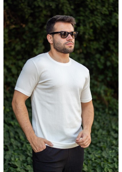 Erkek Beyaz Krep Kumaş Rahat Salaş Esnek Bisiklet Yaka T-Shirt 23ETSHTARP modelleri