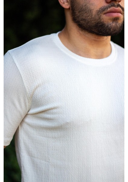 Erkek Beyaz Krep Kumaş Rahat Salaş Esnek Bisiklet Yaka T-Shirt 23ETSHTARP fırsatları