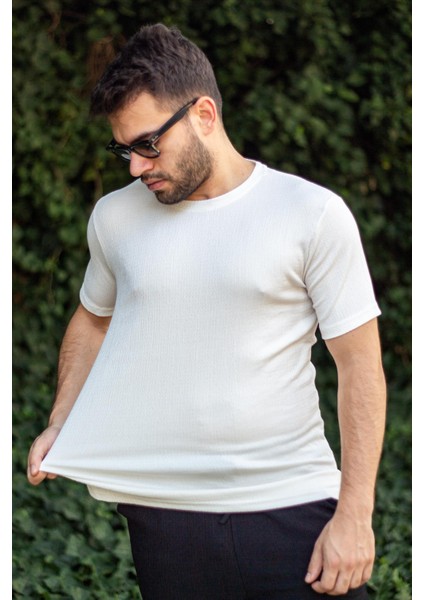 Erkek Beyaz Krep Kumaş Rahat Salaş Esnek Bisiklet Yaka T-Shirt 23ETSHTARP indirimleri