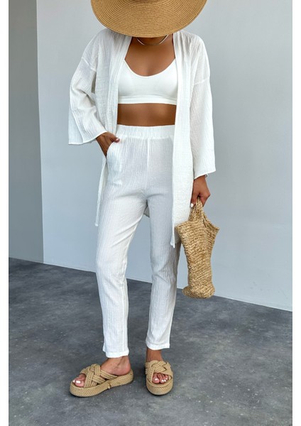 Kadın Ekru Kimono Takım