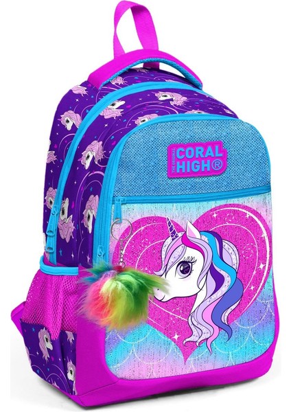 Coral High Kids Mor Pembe Unicorn Desenli Simli Üç Bölmeli Okul Sırt Çantası 23492