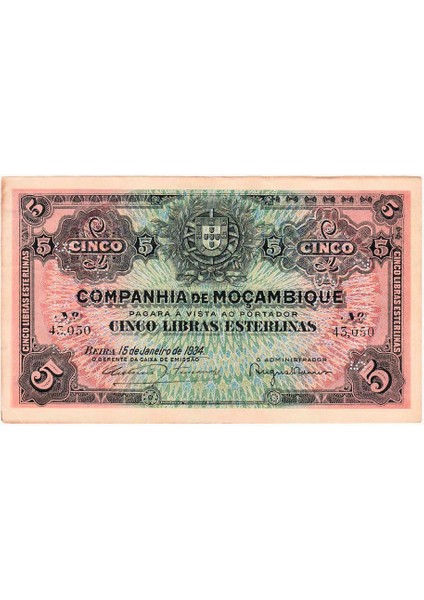 Mozambik Mozabıque 5 Libras Esterlinas 1934 Vf- Çt