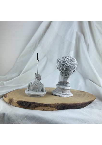 Gri Eskitme Hermes 13 cm Büst ve Apollo Not Tutucu 2'li Dekoratif Set modelleri