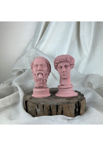 Oasis Decoration Antik Pembe Hermes ve Socrates 13 cm Büst 2'li Heykel Set Dekoratif Obje