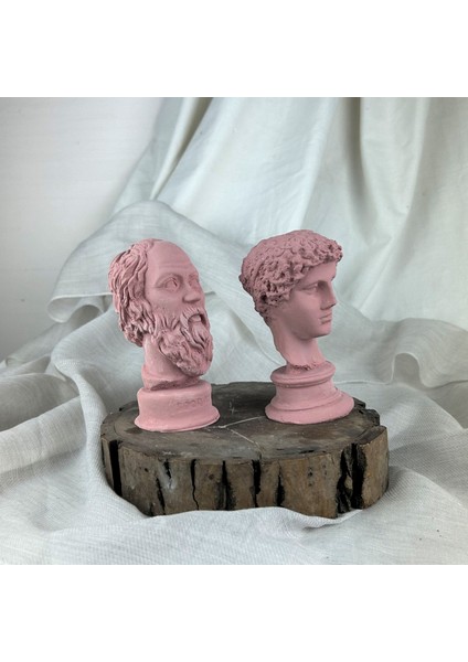 Oasis Decoration Antik Pembe Hermes ve Socrates 13 cm Büst 2'li Heykel Set Dekoratif Obje