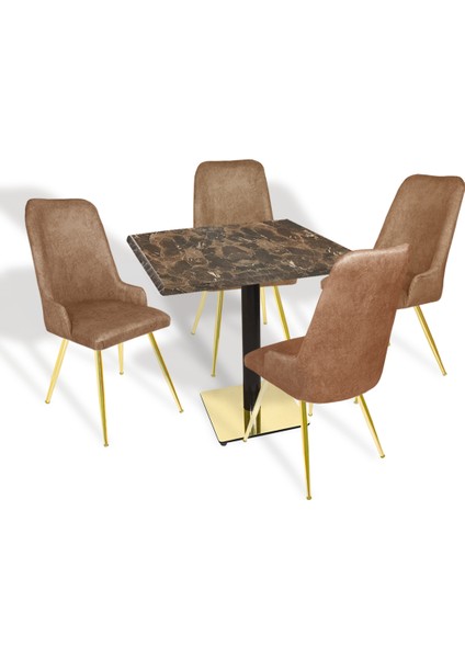 Karanfil Gold Werzalit Kare - Çırağan Gold Masa Takımı (80X80) - (Karacabey Mermer - Kahve)