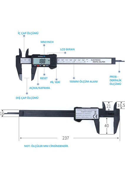 Kumpas Dijital LCD Ekran Karbon Fiber Hassas 150MM Kalınlık Ölçer