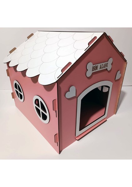 Süper Set Ahşap Dekoratif Köpek Evi-Kulübesi Minder ve Zincir Tasma (Pembe-Beyaz) fiyatları