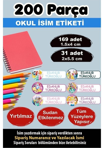 Okul Etiketi Kalem Defter Etiketi Özel Isim Yazılabilen Etiket Disney Prensesler 200 Adet