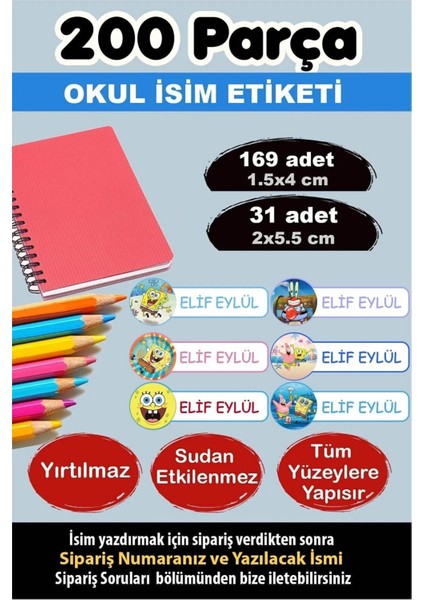 Okul Etiketi Kalem Defter Etiketi Özel Isim Yazılabilen Etiket Sünger Bob 200 Adet