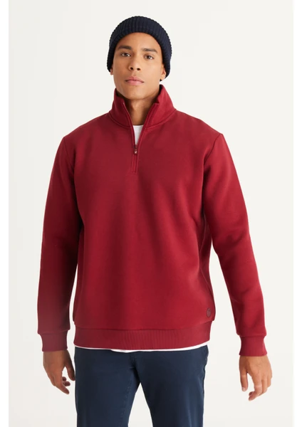 AC&Co / Altınyıldız Classics Erkek Bordo Standart Fit Normal Kesim Içi Polarlı Dik Bato Yaka Pamuklu Sweatshirt