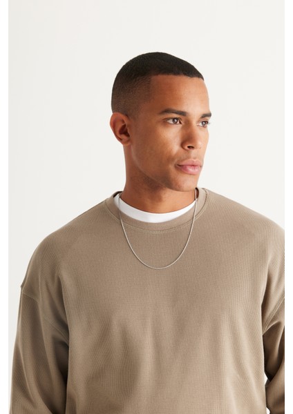 Erkek Açık Haki Loose Fit Içi Polarlı 3 Iplik Bisiklet Yaka Jakarlı Sweatshirt