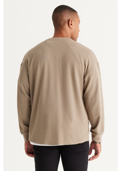 Erkek Açık Haki Loose Fit Içi Polarlı 3 Iplik Bisiklet Yaka Jakarlı Sweatshirt