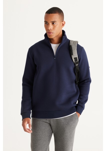 Erkek Lacivert Standart Fit Normal Kesim Içi Polarlı Dik Bato Yaka Pamuklu Sweatshirt