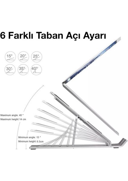 Alüminyum 6 Farklı Yükseklik Ayarlı Taşınabilir Laptop Standı Tablet Notebook Standı Kaymaz Pad