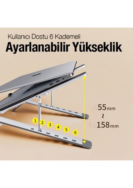 Metal Katlanabilir Taşınabilir 6 Kademe Yükseklik Ayarlı Laptop Standı Ayarlanabilir Tabanlı