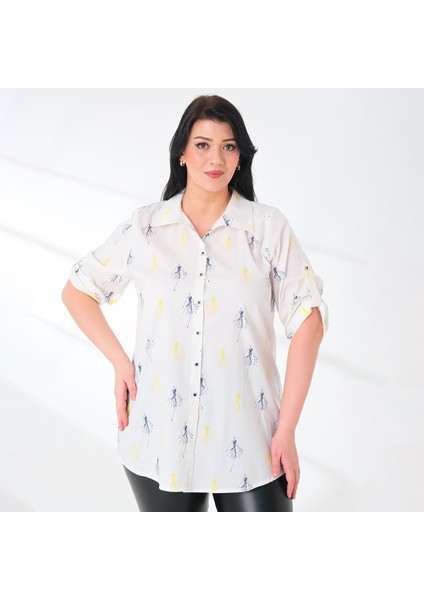 Likralı Pamuk Poplin Beyaz Desenli Büyük Beden Gömlek fiyatları
