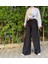 Kadın Beli Lastikli Bol Paça Oversize Bürümcük Kumaş Uzun Siyah Pantolon 1