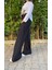 Kadın Beli Lastikli Bol Paça Oversize Bürümcük Kumaş Uzun Siyah Pantolon 3