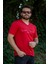 Erkek Kırmızı El Yazısı Imza Baskı Kısa Kollu V Yaka Erkek T-Shirt 23ETSHVYAZ 1
