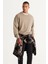 Erkek Açık Haki Loose Fit Içi Polarlı 3 Iplik Bisiklet Yaka Jakarlı Sweatshirt 3