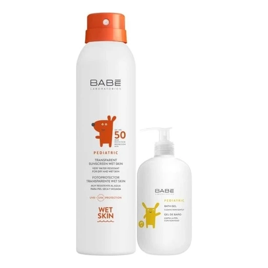 Babe Pediatric Trasparent Sunscreen Wet Skin SPF50 Güneş Koruyucu Sprey 200ML + Banyo Jeli 100ML Hediye