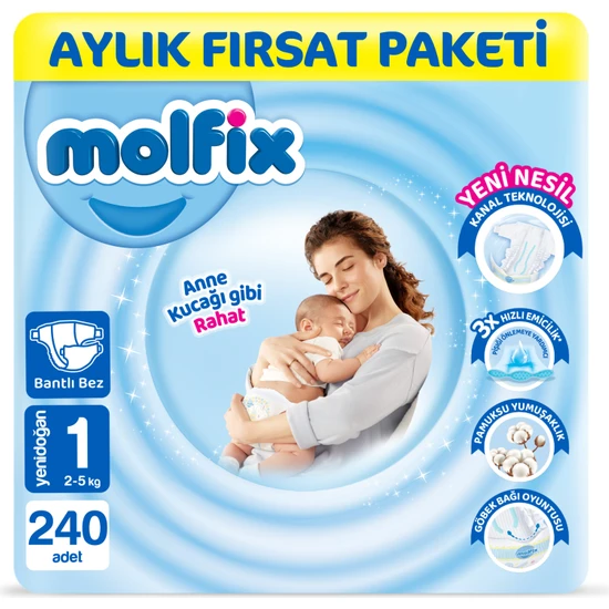 Molfix Bebek Bezi 1 Beden Yenidoğan Aylık Fırsat Paketi 240 Adet