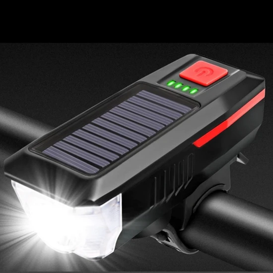 Melsen Solar Enerjili LED Bisiklet Feneri ve Korna - Su Geçirmez ve USB ile Şarj Edilebilir Far