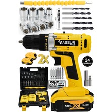 Assur Plus 58 Vf 5 Ah Çelik Şanzıman Bakır Sargılı Çift Akülü Şarjlı Matkap Vidalama 24 Parça