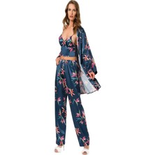 D Kit Boutique Saten Pijama Empirme Baskılı Pijama Takım Üçlü Crop