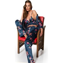 D Kit Boutique Saten Pijama Empirme Baskılı Pijama Takım Üçlü Crop