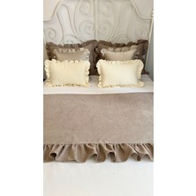 Decamor Home Sütlü Kahve Fırfırlı Yatak Runner Kırlent Seti Yatak Şalı Yatak Örtüsü Set Çift Kişilik