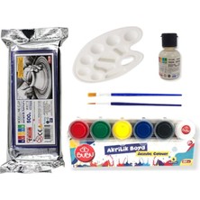 Glanart Beyaz Kil Hamuru Akrlik Boya Seti Vernik+ Ipek Fırçalı 500 Gr.