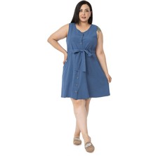 Disentis Modest Büyük Beden Beli Tünelli Kolsuz Indigo Elbise