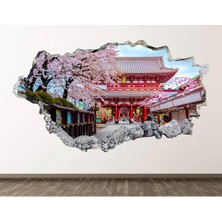 Kt Grup Sakura Çiçekleri ve Japon Tapınağı Full Hd Baskı 3D Modern Duvar Sticker
