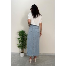 Mavi Kar Yıkama Yandan Derin Yırtmaçlı Uzun Denim Etek