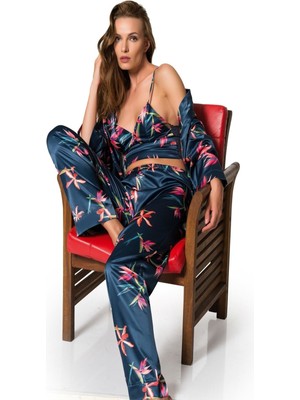 D Kit Boutique Saten Pijama Empirme Baskılı Pijama Takım Üçlü Crop