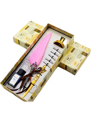 Gen-Of Taçlı Tüylü Divit - Kaligrafi Kalem Seti Hediyelik Özel Kutulu Toz Pembe 712-14