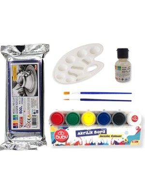 Glanart Beyaz Kil Hamuru Akrlik Boya Seti Vernik+ Ipek Fırçalı 500 Gr.
