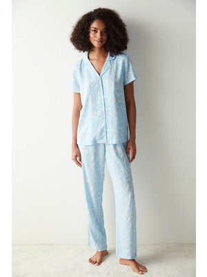 Maye Baskılı Mavi Gömlek Pantolon Pijama Takımı