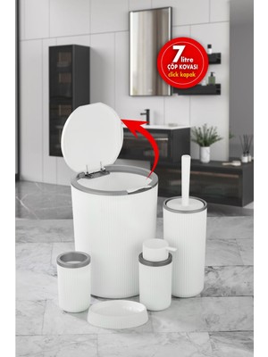 Sas Haus Çöp Kovası Tuvalet Fırçası Sıvı Sabunluk Diş Fırçalık Katı Sabunluk 5 Parça Banyo Seti 7 Litre Beyaz Gri Bg